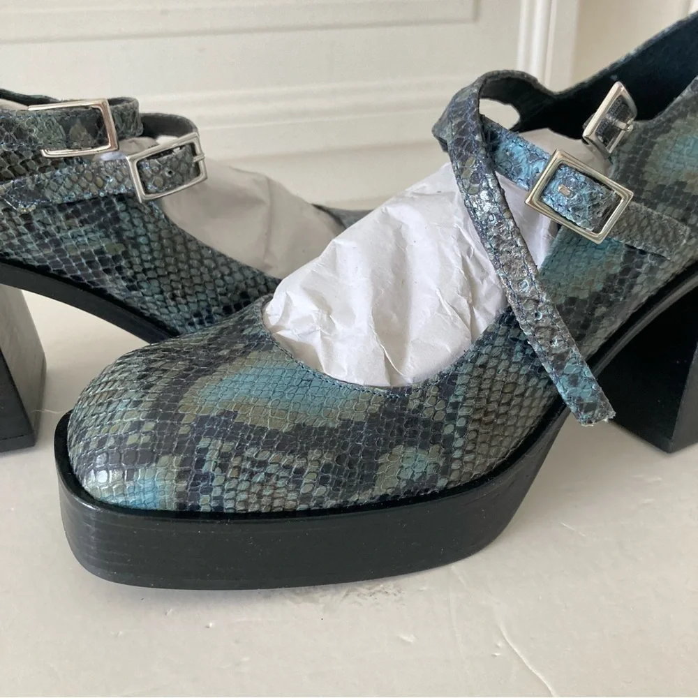 NWOT Free People Ruby Double Strap MJ Platforms Blue Snake Print Sz 38